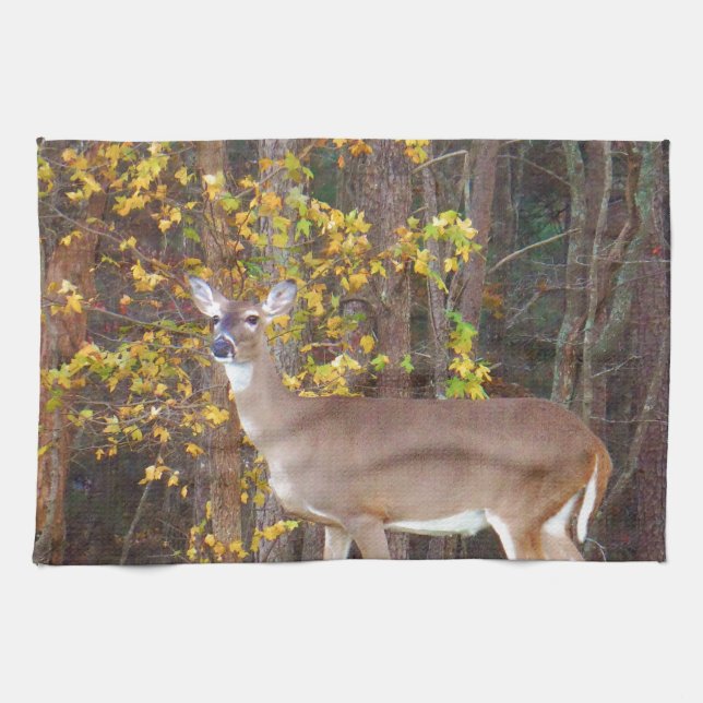 Deer in Front of Yellow Autumn Tree Tea Towel (Horizontal)