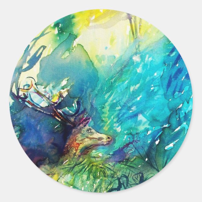 DEER IN GREEN WOODLAND CLASSIC ROUND STICKER (Front)
