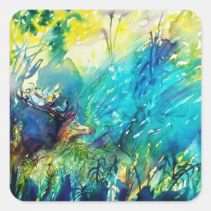 DEER IN GREEN WOODLAND SQUARE STICKER