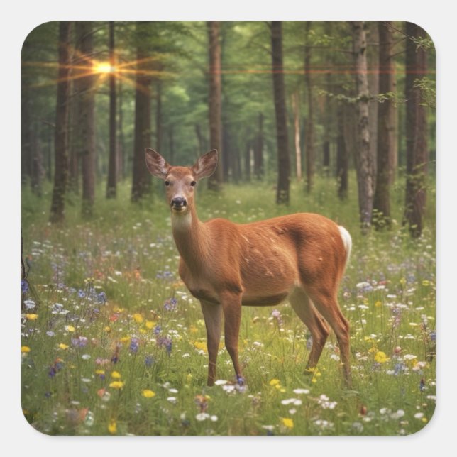 Deer in Magical Forest Square Sticker (Front)