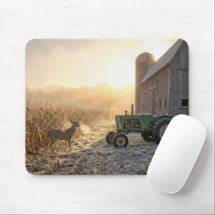 Deer In Morning Mist with Farm Tractor Mouse Mat