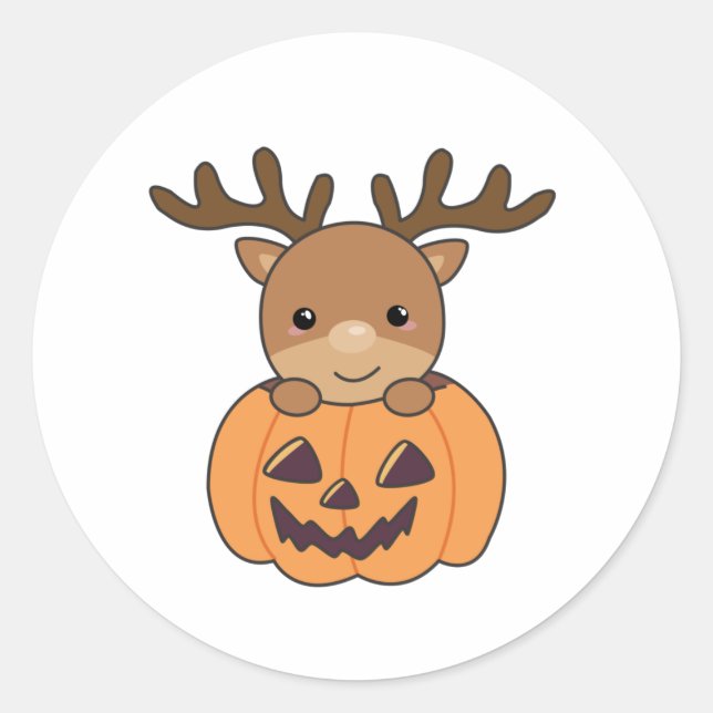 Deer In Pumpkin Cute Deer Happy Halloween Classic Round Sticker (Front)