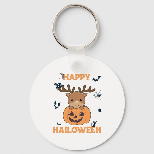 Deer In Pumpkin Cute Deer Happy Halloween Key Ring (Front)