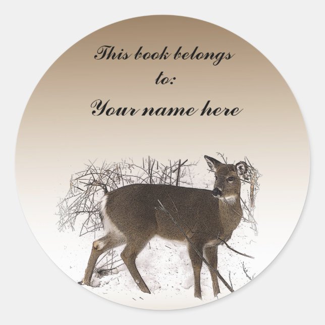 Deer  in Snow Bookplate Classic Round Sticker (Front)