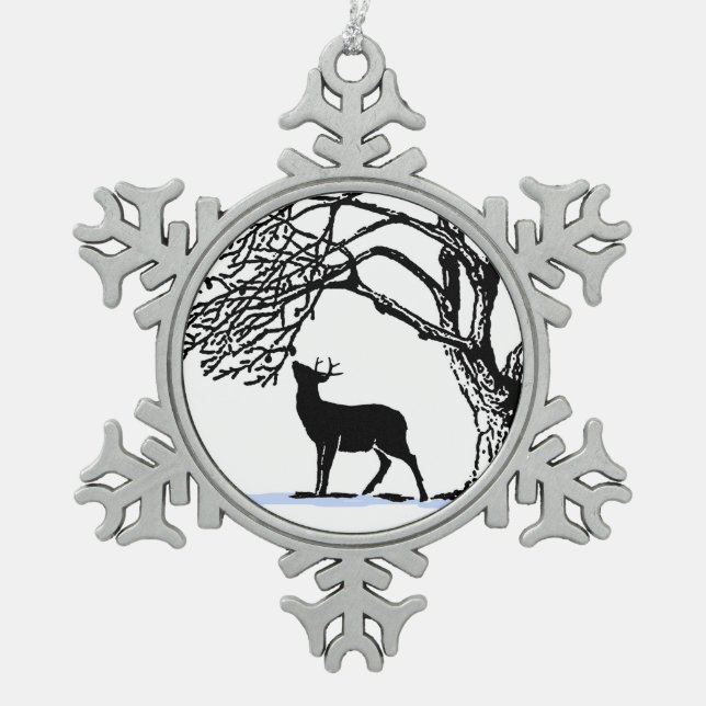 Deer in Snow Snowflake Pewter Christmas Ornament (Front)