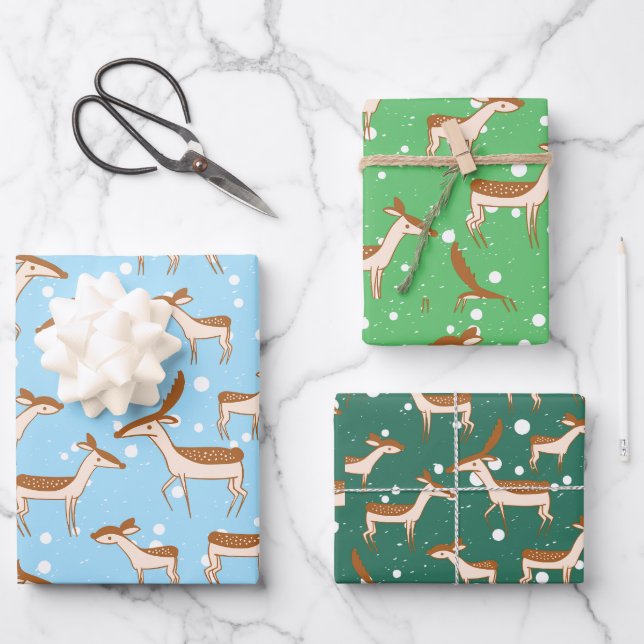 Deer in Snow Wrapping Paper Flat Sheet Set of 3 (Front)