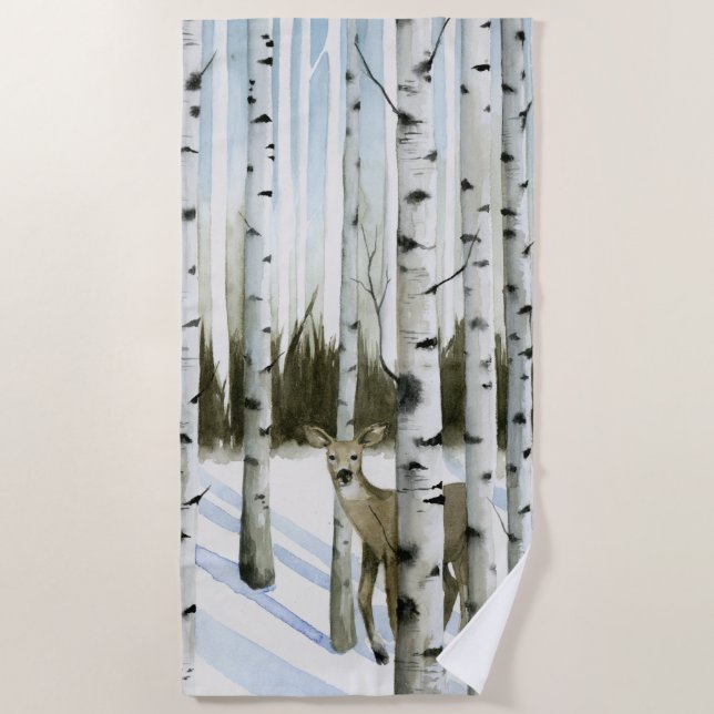 Deer in Snowfall Beach Towel (Front)