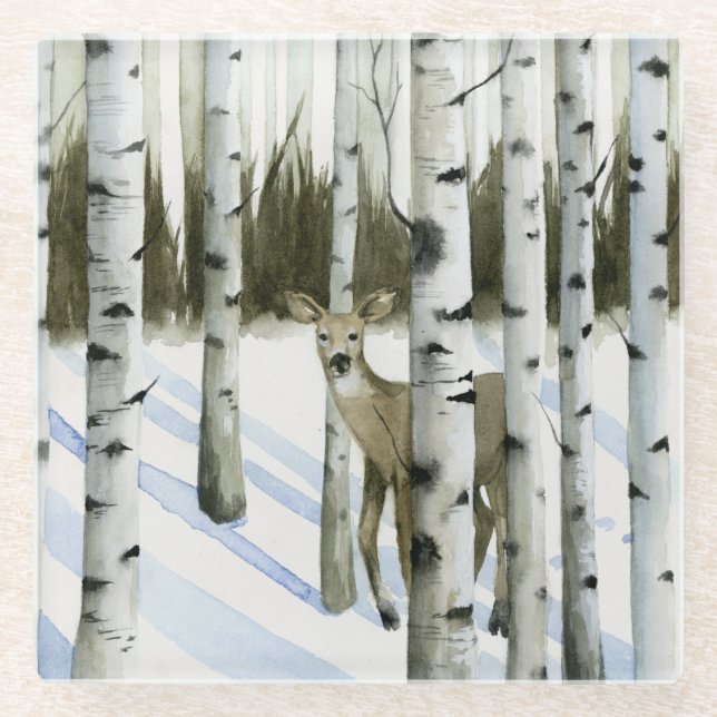 Deer in Snowfall Glass Coaster (Front)