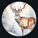 Deer In Snowy Forest Christmas Trees Watercolor Classic Round Sticker<br><div class="desc">Deer In Snowy Forest Christmas Trees Watercolor Classic Round Sticker</div>