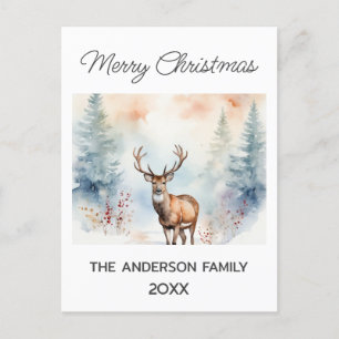 Deer In Snowy Forest Christmas Trees Watercolor Postcard