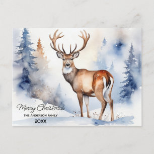 Deer In Snowy Forest Christmas Trees Watercolor Postcard