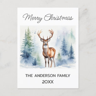 Deer In Snowy Forest Christmas Trees Watercolor Postcard
