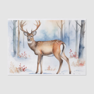 Deer In Snowy Forest Christmas Trees Watercolor Tissue Paper