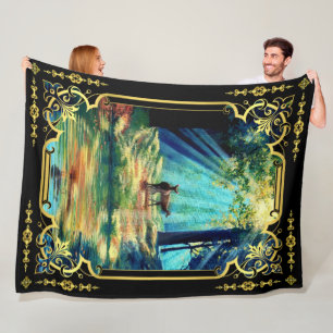Deer in sunshine streak forest and water fleece bl blanket