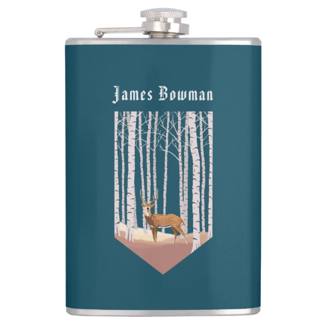Deer in the Birch woods / Personalised Name Hip Flask (Front)