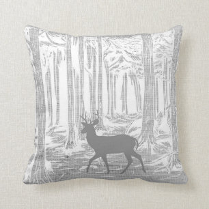 Deer in the Forest Shades of Gray Stag Trees Cushion