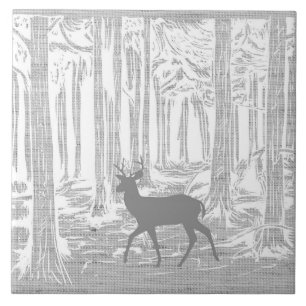 Deer in the Forest Shades of Gray Stag Trees Tile