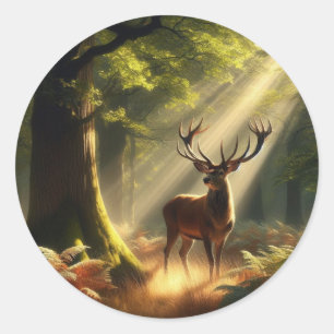 Deer in the morning forest classic round sticker