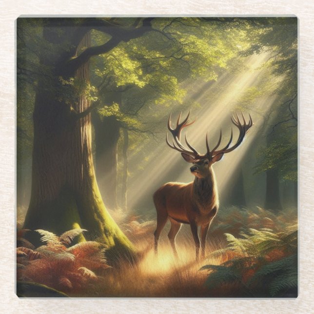 Deer in the morning forest glass coaster (Front)