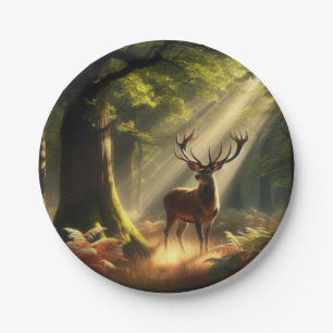 Deer in the morning forest paper plate