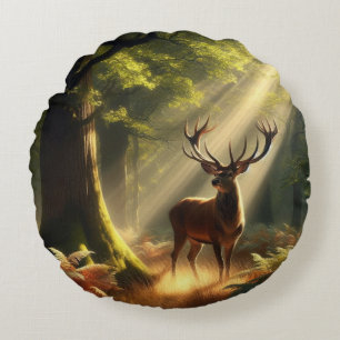 Deer in the morning forest round cushion