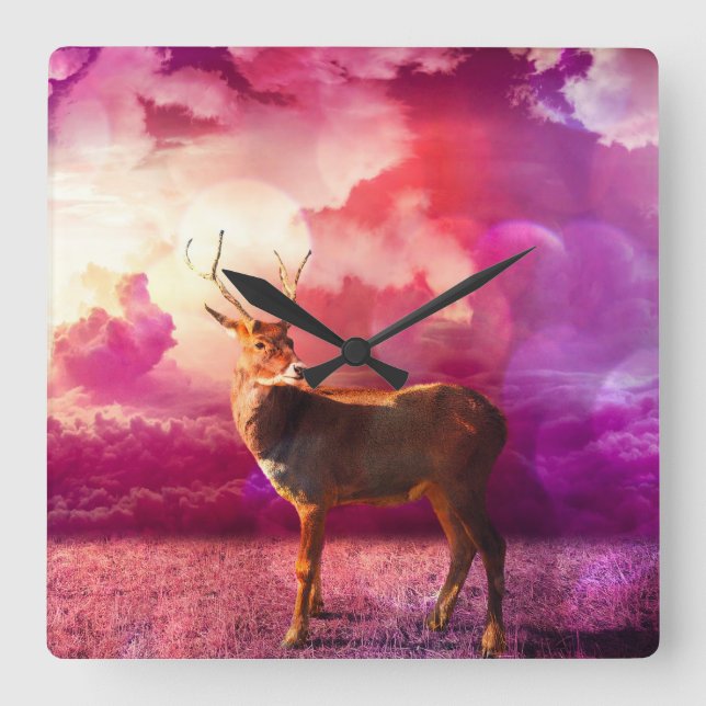 Deer In the Pink Clouds Square Wall Clock (Front)