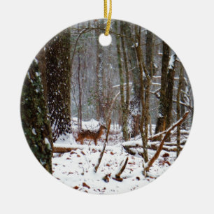 Deer in the snow fall ceramic tree decoration