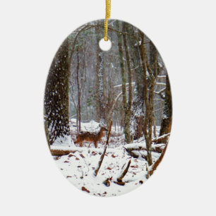 Deer in the snow fall ceramic tree decoration