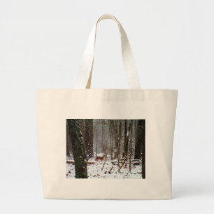 Deer in the snow fall large tote bag