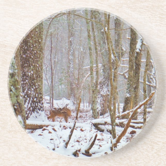 Deer in the snow, licking leg coaster (Front)