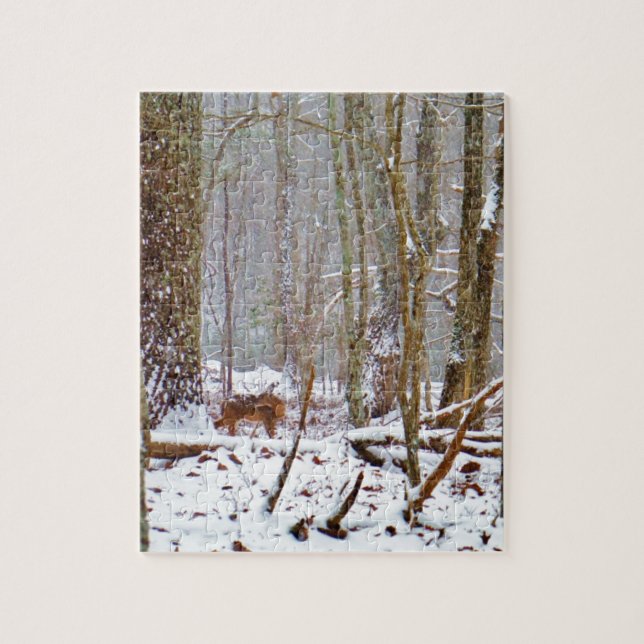 Deer in the snow, licking leg jigsaw puzzle (Vertical)