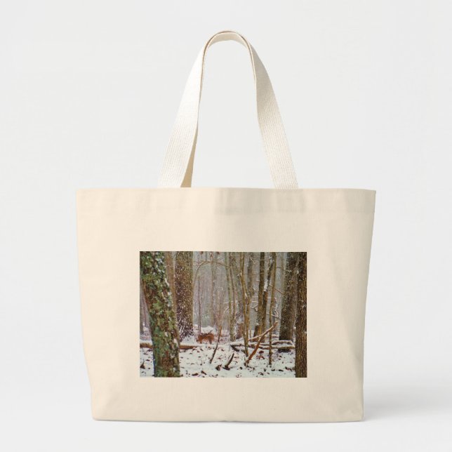 Deer in the snow, licking leg large tote bag (Front)