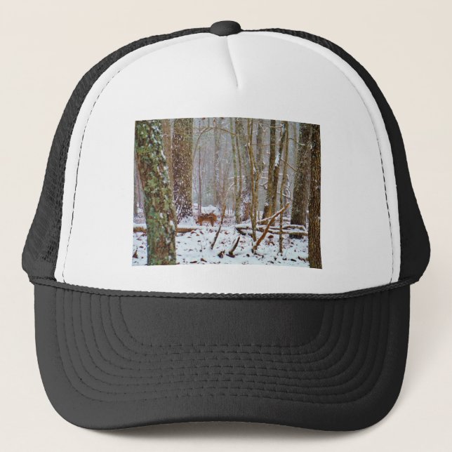 Deer in the snow, licking leg trucker hat (Front)