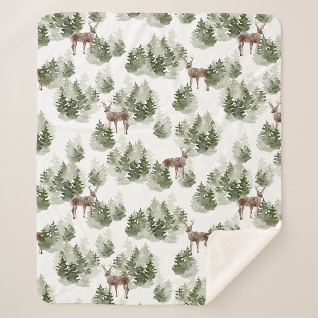 Deer in the Woods Evergreen Fleece Blanket (Front)