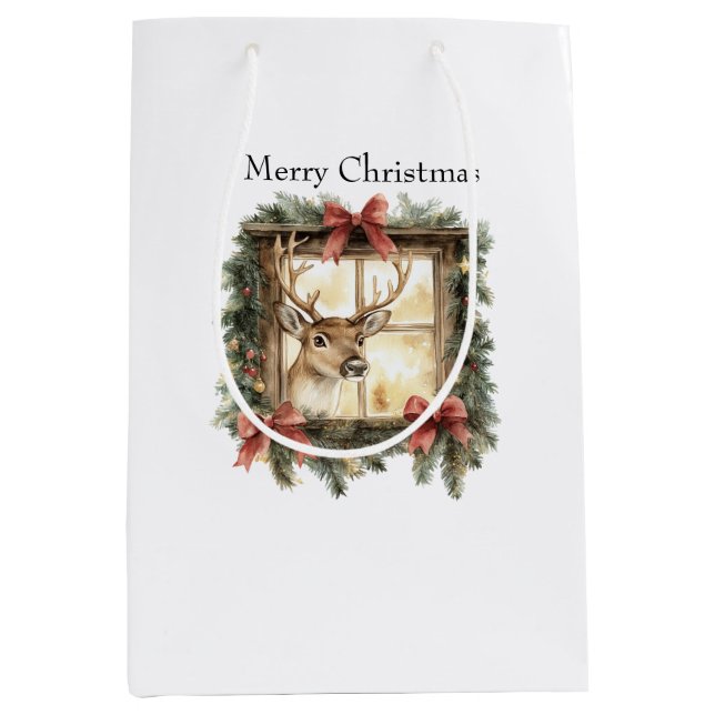 Deer in Window Red Bows Christmas Medium Gift Bag (Front)