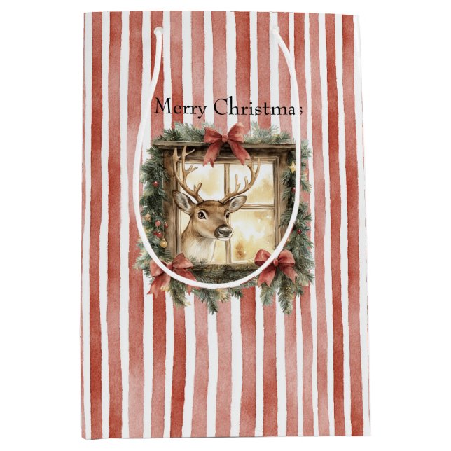 Deer in Window Red Stripes Bows Christmas Medium Gift Bag (Front)