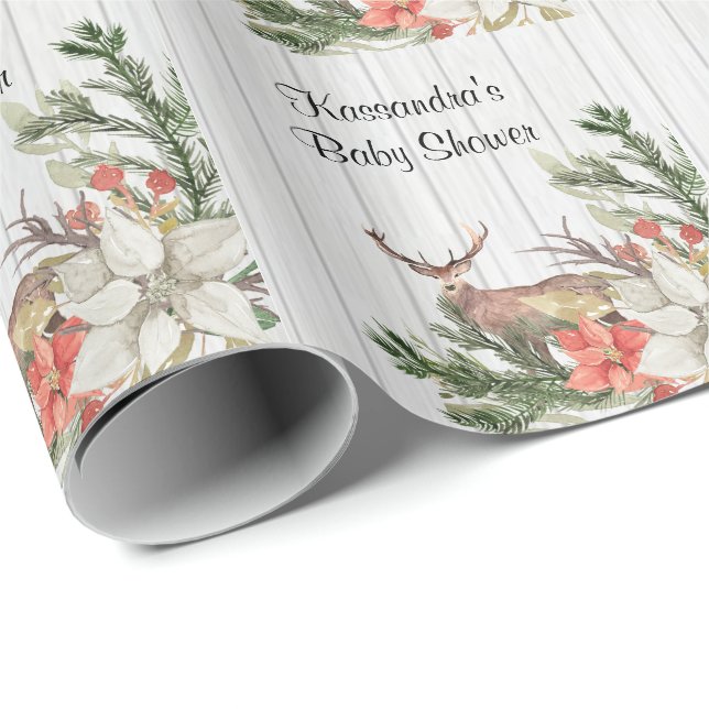 Deer In Winter Greenery Baby Shower Wrapping Paper (Roll Corner)