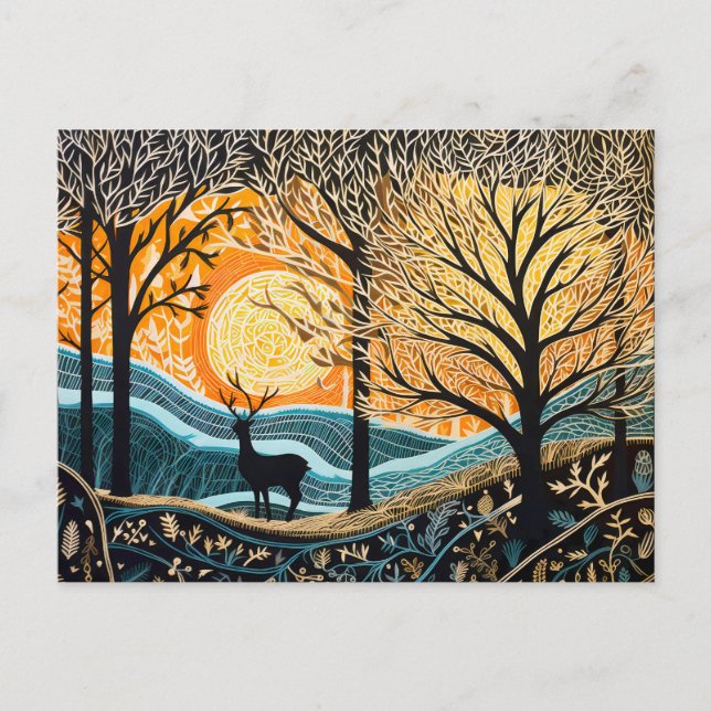 Deer in winter landscape. Abstract linoleum forest Holiday Postcard (Front)