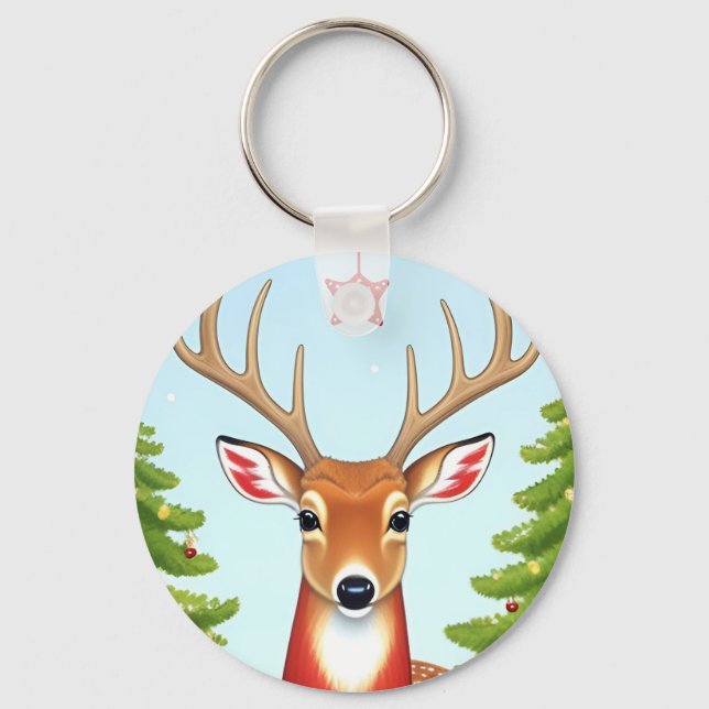 Deer in Winter Wonderland Scene Key Ring (Front)