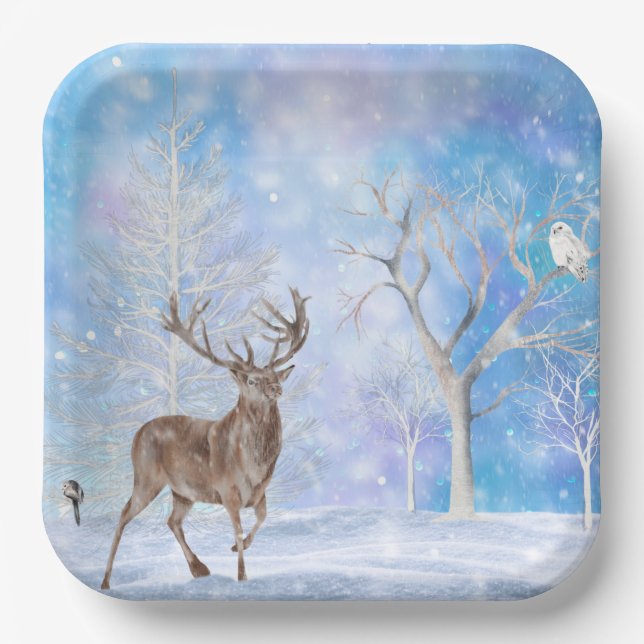 Deer In Winter Woods Holiday Paper Plate (Front)
