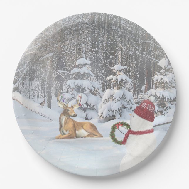 deer in woods with Christmas snowman Paper Plate (Front)