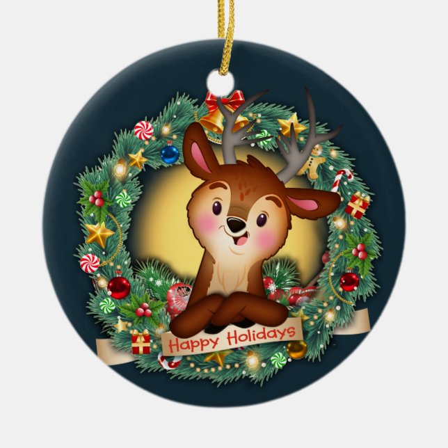 deer in wreath ceramic tree decoration (Front)