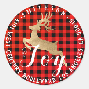 Deer Joy Red Gold Christmas Return RSVP Buffalo Classic Round Sticker
