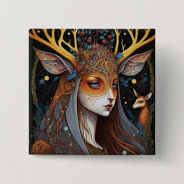 Deer Lady Fantasy Art 15 Cm Square Badge (Front)