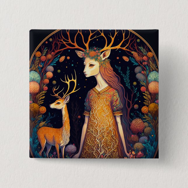 Deer Lady Fantasy Art Button (Front)