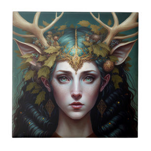 Deer Lady Fantasy Art Ceramic Tile