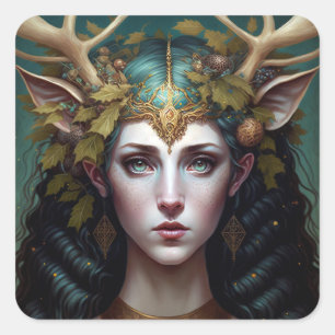 Deer Lady Fantasy Art Square Sticker