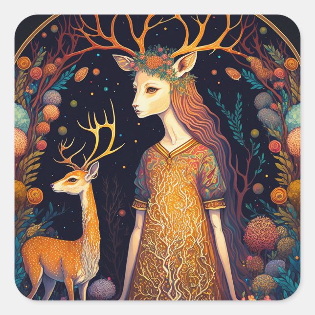 Deer Lady Fantasy Art Square Sticker (Front)