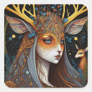 Deer Lady Fantasy Art Square Sticker
