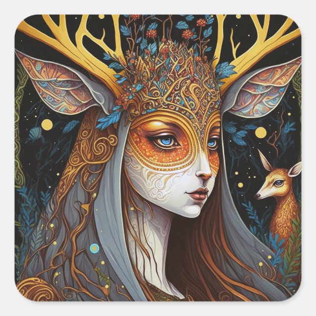 Deer Lady Fantasy Art Square Sticker (Front)